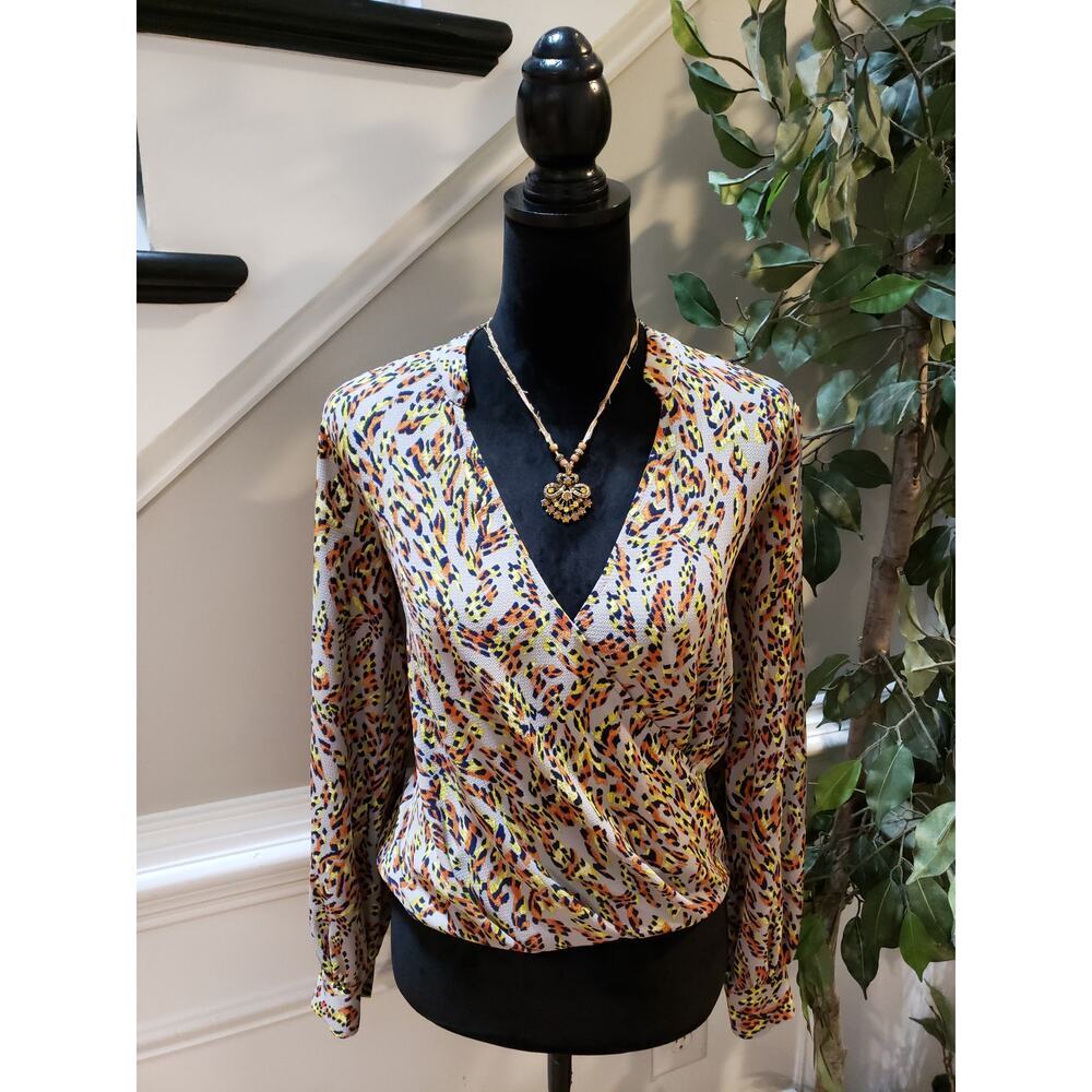 Lush Blouse Women Small Multicolor Leopard Wrap‎ Front Long Sleeve V Neck Top